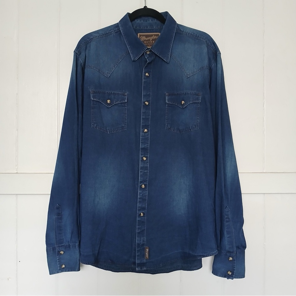 Wrangler Retro Men's pearl snap Denim Western Shirt XL Cowboy vintage retro